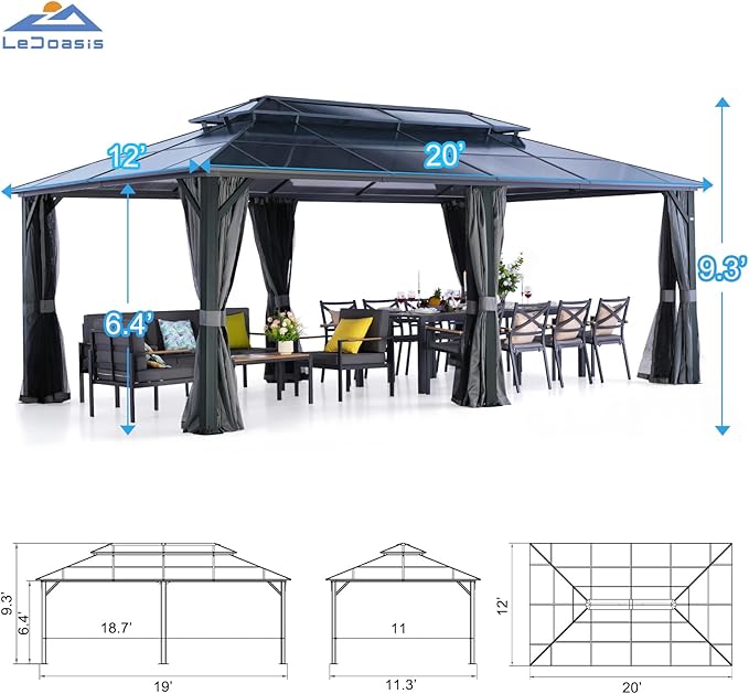 LeDoasis Nebula 12'x20' Hardtop Gazebo with Breathable Netting & Privacy Curtain, Permanent Outdoor Aluminum Patio Gazebo, Polycarbonate Double Roof Canopy, for Patio Lawn and Garden,Parties