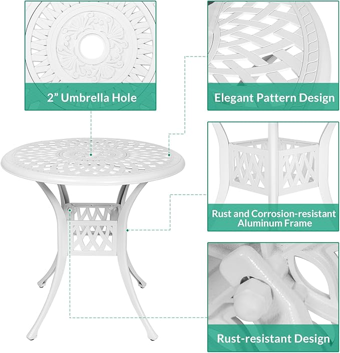 VIVIJASON 3-Piece Patio Furniture Dining Set, All-Weather Cast Aluminum Outdoor Bistro Set, Include 2 Dining Chairs and 31" Round Table w/ 2" Umbrella Hole for Balcony, Lawn, Garden, Backyard, White