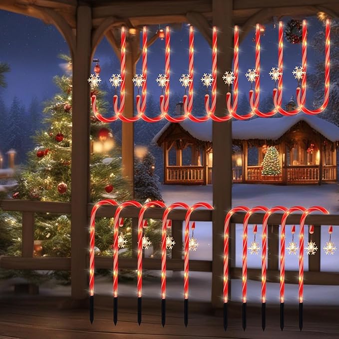 Solar Christmas Lights Outdoor Decorations, 20 Pack Solar Christmas Candy Cane Lights with Snowflake, Outdoor Waterproof Pathway Lights for Patio, Garden, Yard, Street, Park, Holiday