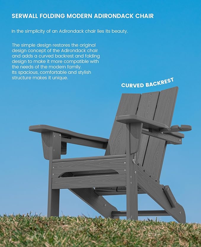 SERWALL Outdoor HDPE Adirondack Chair Set 8, Modern Folding Adirondack Chair with Cup Holders, Weather Resistant Fire Pit Chairs, Gray