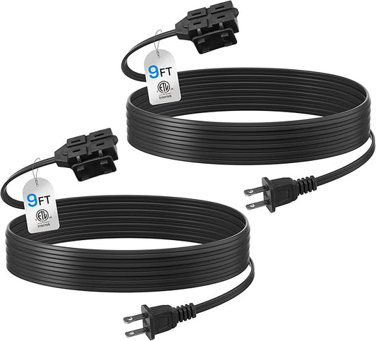 BN-LINK 9ft Indoor Extension Cord, 2 Pack, 3-Outlet Polarized Flat Cable, Household Power Cord for Home, Office, and Holiday Decorations, Black