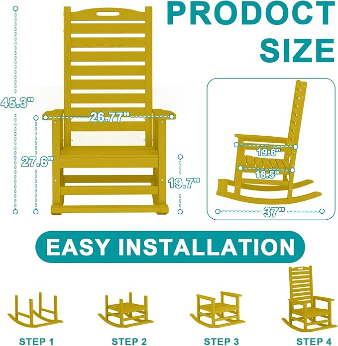 Outdoor Rocking Chair Set of 8 with Removable Footboard for Adults, HDPE High Back Patio Rocking Chairs, 330lbs All Weather Porch Rocking Chairs for Outdoor & Indoor -Yellow