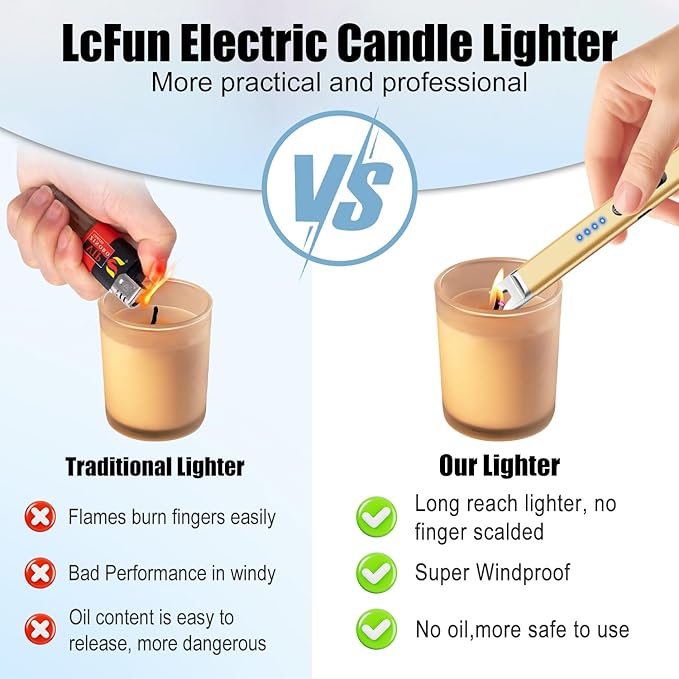 LcFun 2 Pack Candle Lighter Electric USB Rechargeable Plasma Arc Lighter with Safety Lock, Windproof Flameless Long Lighters for Candle, Grill, BBQ, Camping, Gas Stoves (Black, Gold)