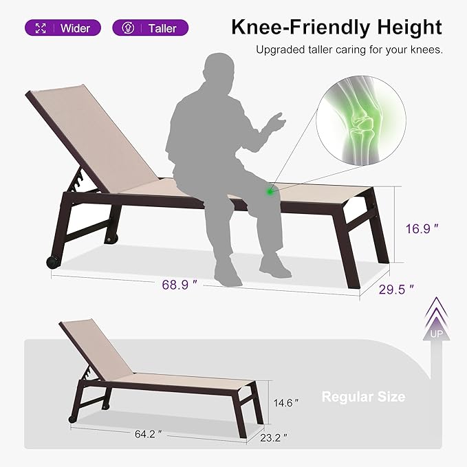 PURPLE LEAF Oversized Patio Lounge Chairs Set of 3, Reclining Pool Lounge Chairs with Side Table and Wheels for All Weather for Outdoor, Deck, Lawn, Aluminum Outside Pool, Sand Beige