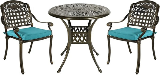 MEETWARM 3 Piece Patio Bistro Set, Outdoor All-Weather Cast Aluminum Dining Furniture Set Includes 2 Chairs with Cushions and a 31” Round Table with Umbrella Hole for Garden Deck, Ocean Blue