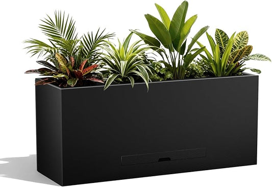 Metal Planter Box 36" x 12"x 16",Heavy-duty Galvanized Steel Outdoor Planter with Removable Built-in shelf and Drainage Holes,Rectangular Planter for Porches, Gardens, Patios, and Courtyards，Black