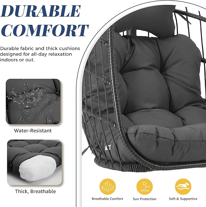 BLUEXYARD Boho Rattan Egg Chair with Stand, 350 Lbs Foldable Wicker Hanging Patio Hammock with Cozy Cushion, Compact Swing Basket Chairs for Balcony Porch Garden Bedroom Outdoor Indoor, Dark Grey