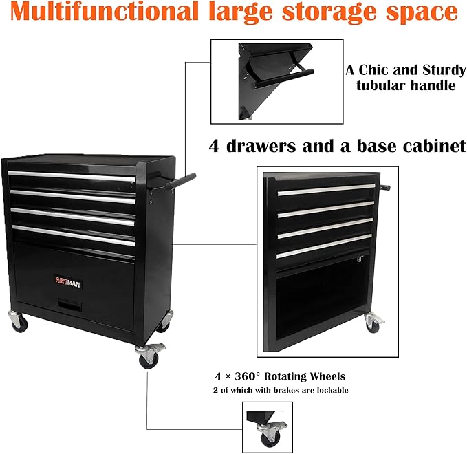 4 Drawers Tool Cart on Wheels,Rolling Tool Box Tool Storage， Drawers Rolling Tool Box Organizer Tool Case for Garage, Warehouse, Workshop, Repair Shop (4 Drawers(Black))