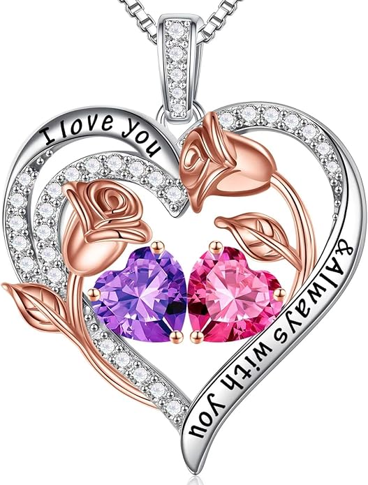 Iefil Christmas Gifts for Women Wife - 925 Sterling Silver Rose Heart Birthstone Necklace Birthday Anniversary Jewelry Gifts for Her Wife Mom Daughter