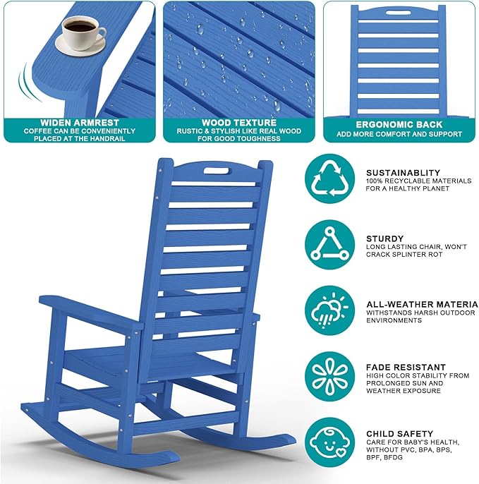 Outdoor Rocking Chair with Removable Footboard for Adults, HDPE High Back Patio Rocking Chairs, 330lbs All Weather Porch Rocking Chairs for Outdoor & Indoor -Navy Blue