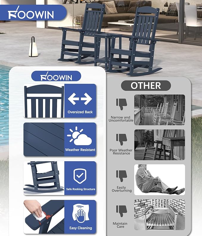 FOOWIN Outdoor Rocking Chair Set of 6, High Back Patio Rocking Chair, HDPE All Weather Resistant Porch Rocker for Adult, Oversized Rocking Chairs for Garden, Lawn, Indoor & Outdoor Use, Navy Blue