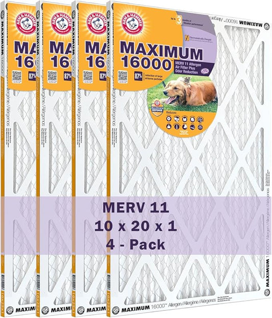 Arm & Hammer Max Allergen & Odor Reduction 10x20x1 Air and Furnace Filter, MERV 11, 4-Pack