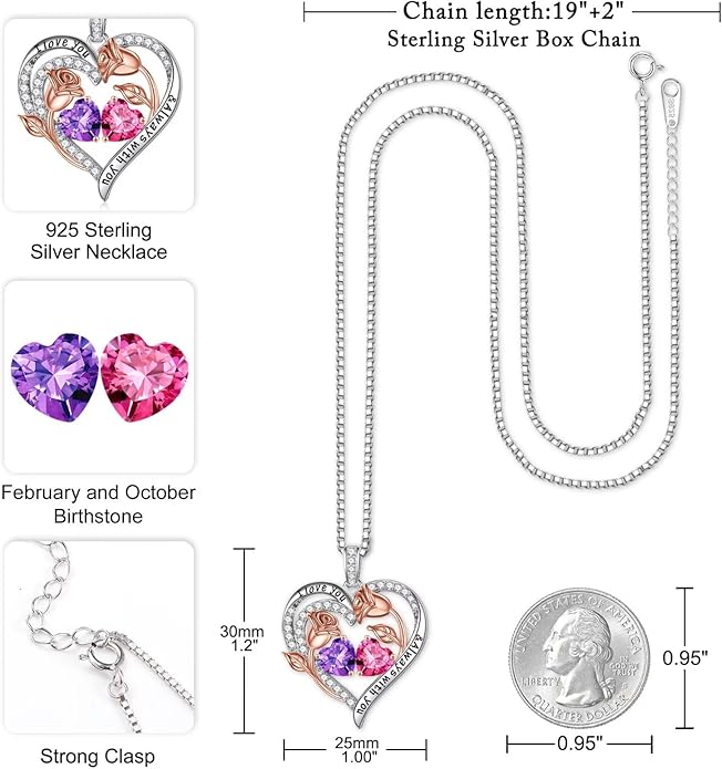 Iefil Christmas Gifts for Women Wife - 925 Sterling Silver Rose Heart Birthstone Necklace Birthday Anniversary Jewelry Gifts for Her Wife Mom Daughter