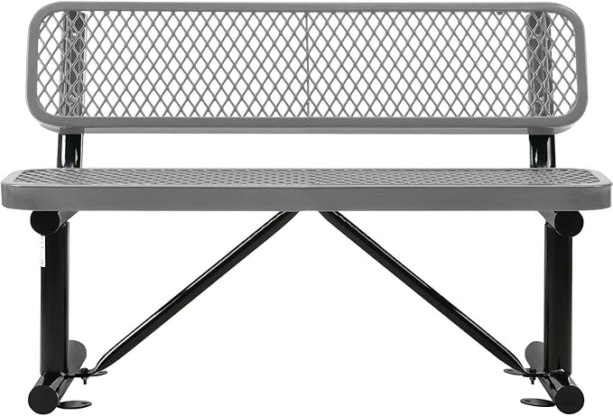 Global Industrial 4'L Heavy Duty Expanded Metal Mesh Bench with Backrest with Steel Frame, Portable Outdoor Bench, 1000 lbs Capacity, Gray, 48" L x 24" W x 33" H
