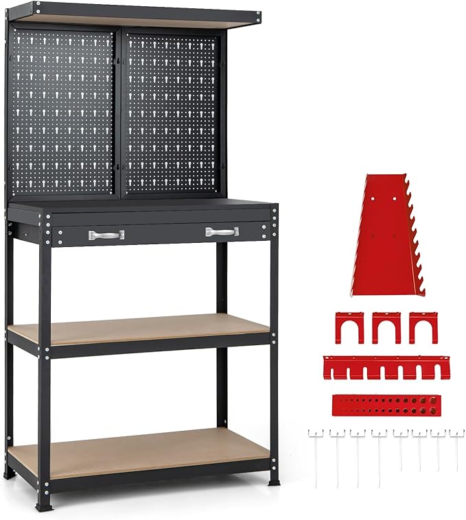 Goplus Workbench, Work Table with Drawer, Pegboard, Hanging Accessories, Topping Space, 4-Tier Heavy Duty Metal Tool Storage Bench, Work Benches for Garage, Workshop (Red, 32" x 16" with Drawer)