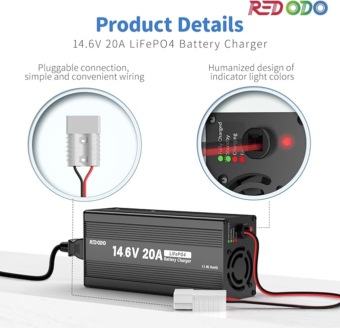 Redodo 14.6V 20A Lifepo4 Battery Charger for Lithium Iron Phosphate Battery, Support Fast Charging, High Charging Efficiency Designed for Deep Cycle LiFePO4 Battery Charging