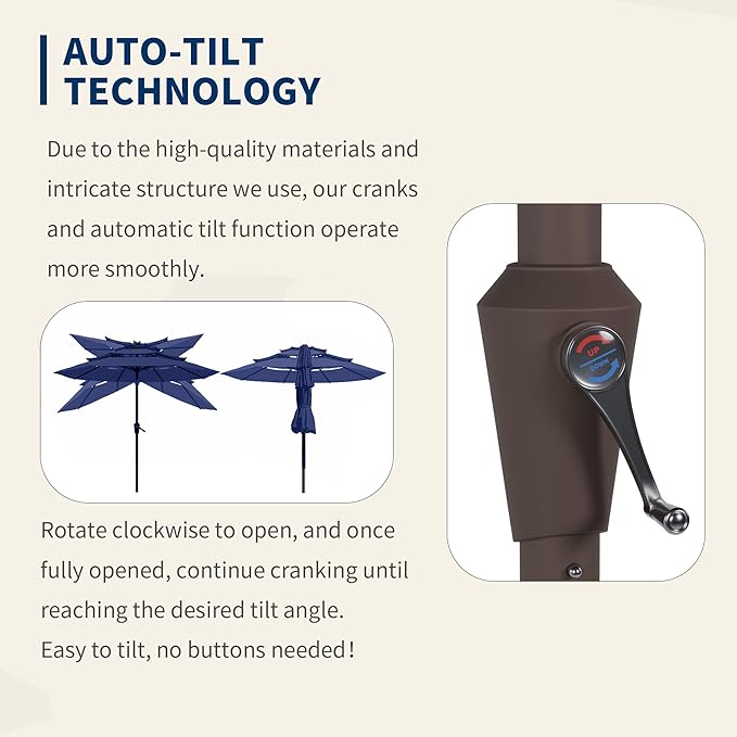 9FT 3 Tiers Patio Umbrella With Auto Tilt And Crank, Outdoor Table Market Umbrella with 8 Sturdy Ribs for Garden, Lawn, Deck, Backyard and Pool, Navy