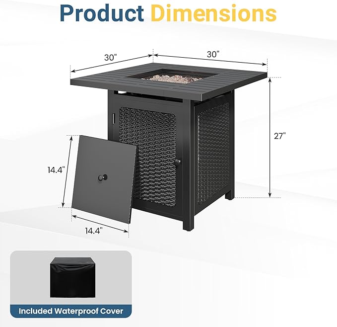 Black Propane Fire Pit Table, 50000 BTU Gas Fire Pits Table with Removable Lid and Lava Rock, Square Fire Table with Cover, 30'', Ideal for Dining or Party on Patio, Garden, Yard