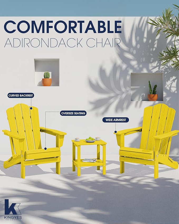 KINGYES Folding Adirondack Chair Set of 8, HDPE All-Weather Folding Adirondack Chair, Yellow