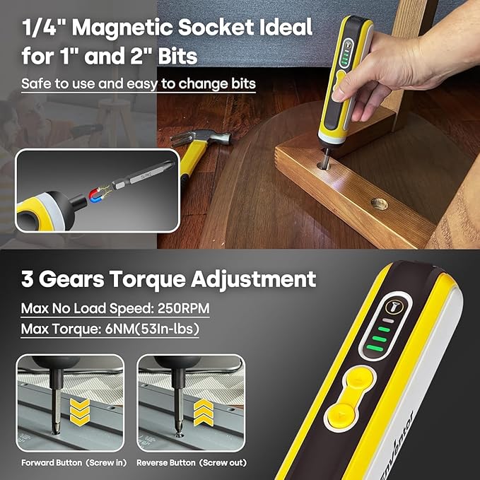 Enventor Cordless Screwdriver Set, 4V 6N.m Electric Screwdriver 2000mAh with USB Type-C Rechargeable, 3 Torque Settings, LED Work Light, Magnetic Bits Set, Bit extension Holder, Flexible shaft