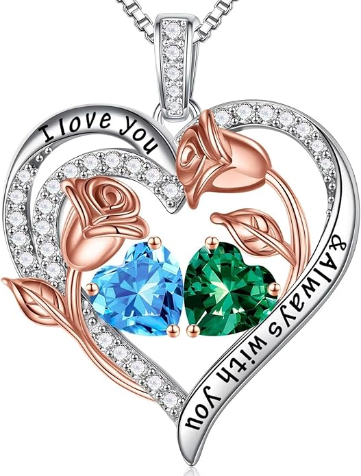 Iefil Christmas Gifts for Women Wife - 925 Sterling Silver Rose Heart Birthstone Necklace Birthday Anniversary Jewelry Gifts for Her Wife Mom Daughter