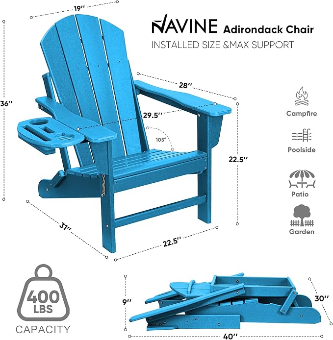 Adirondack Chair Set of 4, HDPE Folding Adirondack Chair with Multifunctional Cup Holder, Weather Resistant Fire Pit Chair for porches, patios, patios, poolsides, Decks.