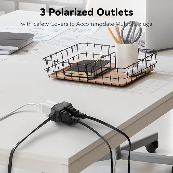 BN-LINK 6ft Indoor Extension Cord, 2 Pack, 3-Outlet Polarized Flat Cable, Household Power Cord for Home, Office, and Holiday Decorations, Black