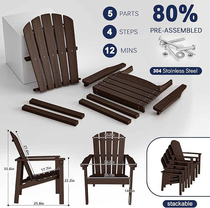 nevilywood Compact Stackable Adirondack Chairs Set of 4, 26.3" Wide HDPE Outdoor Patio Chairs - Durable, Space-Saving Design for Porch, Lawn or Garden, Coffee