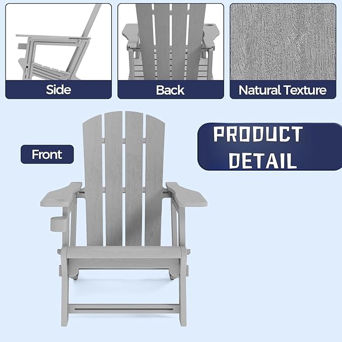 Adirondack Chair, All Weather Plastic Adirondack Chairs, Fire Pit Chairs with Cup Holder, Outdoor Lawn Chair for Patio, Garden, Backyard, Grey