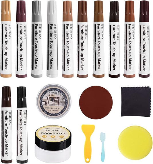 Furniture Touch Up Markers, 12 Colors New Upgrade Furniture Pens, Wood Markers, 19 Pcs Wood Scratch Repair Tools Kit with Polish Wax, Wood Putty, for Cracks, Holes, Stains, Floors, Tables, Cabinets