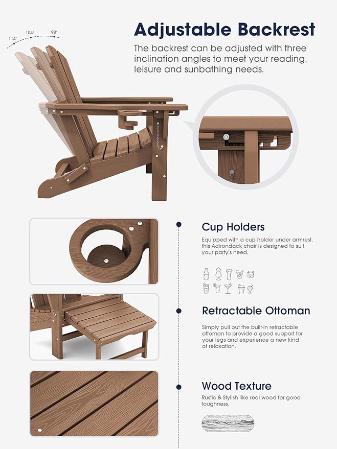 KINGYES Folding Adjustable Adirondack Chair with Retractable Ottoman Set of 6, HDPE All Weather Chair with Cup Holder - Versatile Adirondack Chair, Brown