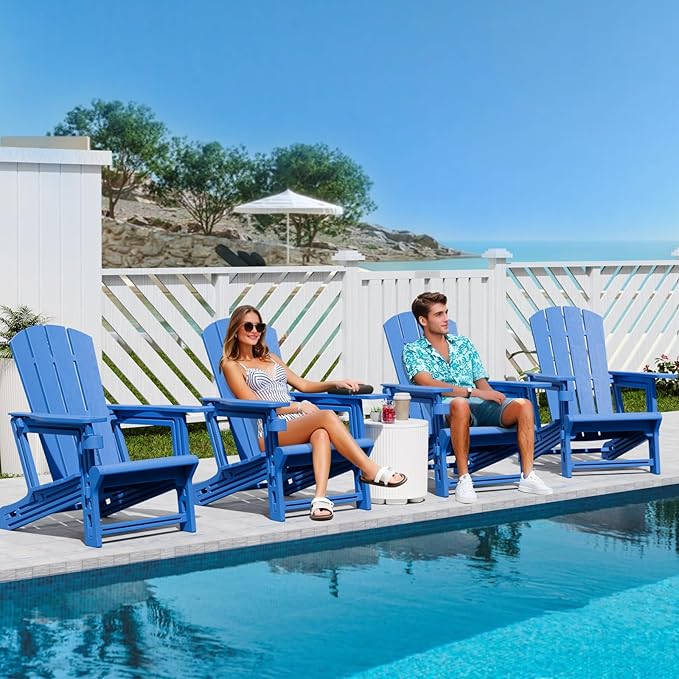 Adirondack Chairs Set of 6,Plastic Adirondack Chair with Cup Holders, All-Weather Outdoor Fire Pit Patio Chairs for Lawn,Backyard Deck, Porch,400LBS Heavy-Duty,Klein Blue