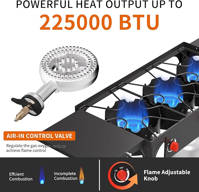 SKOK 3 Burners Propane Stove with Wind Panel &ide Shelves, Camping Propane Stove, Outdoor Stove