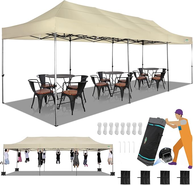 COBIZI 10x30 Heavy Duty Pop up Canopy Party Tent for Parties Weddings Events UPF 50+ Waterproof Commercial Gazebo with Roller Bag, Khaki