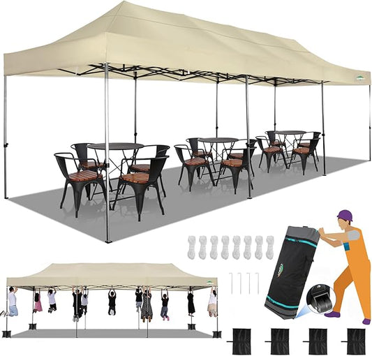 COBIZI 10x30 Heavy Duty Pop up Canopy Party Tent for Parties Weddings Events UPF 50+ Waterproof Commercial Gazebo with Roller Bag, Khaki