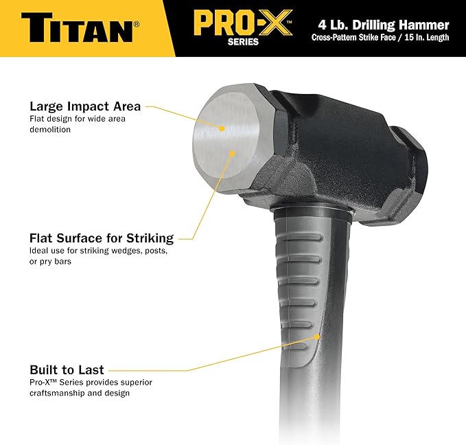 Titan Pro-X 63704 4lb Drilling Hammer, Dual-Face Sledge with Cross-Pattern Face for Concentrated Power & Flat Face for Stake Driving, Overstrike Protection, 15" Fiberglass Handle with Textured Grip