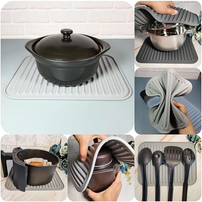 Silicone Trivets Set 2, Big Trivets Mats for Hot Pots and Pans, Heat Resistant Hot Pads for Kitchen Counter, Multi-Purpose & Versatile Trivet Mats, 9 x 12 Inch Silicone Pot Holder Pads Grey
