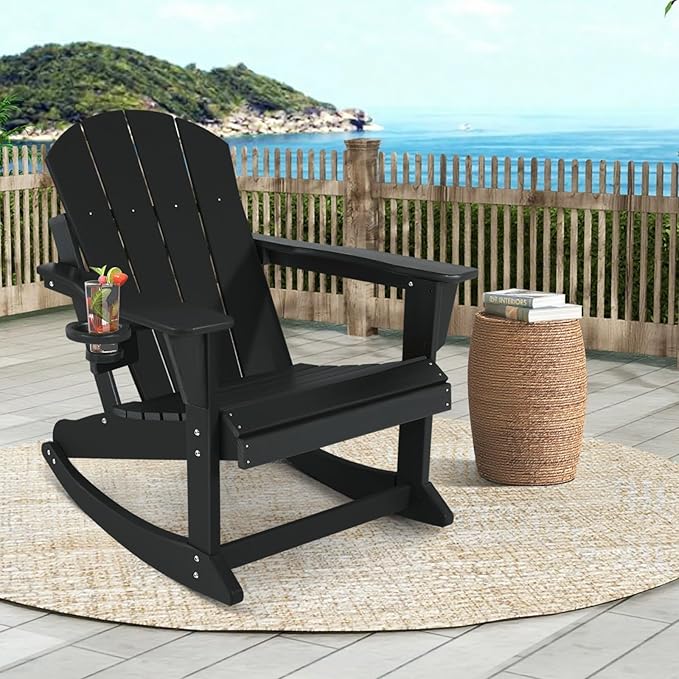 Outdoor Rocking Chair, HDPE Poly All-Weather Patio Rocking Chairs with Cup Holder for Adults, Porch Rocker for Deck Patio Balcony, 440lbs, Black
