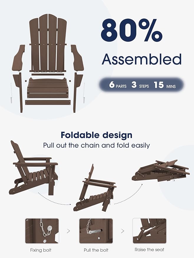 KINGYES Folding Adirondack Chair Set of 6, HDPE All-Weather Folding Adirondack Chair, Brown