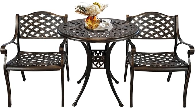3 Piece Patio Set Metal Bistro Table and Chairs Set of 2 with Umbrella Hole,Cast Aluminum Bistro Table Set Outdoor All Weather Patio Furniture Set for Garden,Backyard,Bronze
