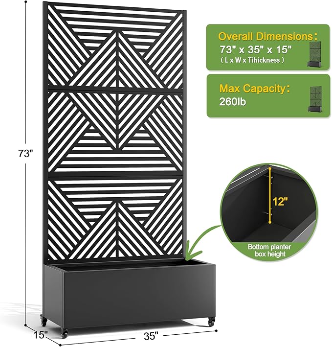 FENCY Metal Raised Garden Bed with Wheels and Trellis,73"x35"x16" Planter Box for Climbing Plants, Vegetables & Vines, Features Privacy Screen and Drainage Holes (Black-Modern)