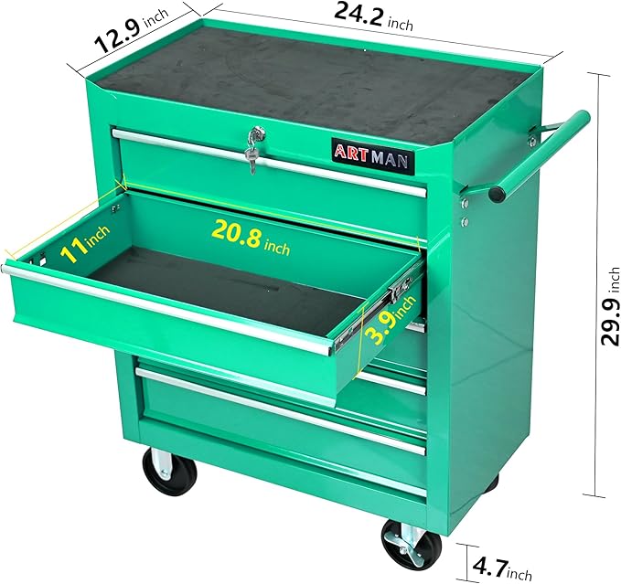 5 Large Drawers Tool Cart on Wheels,Rolling Tool Chest Tool Storage,Drawers Rolling Tool Trolley Organizer Tool Case for Garage, Warehouse, Workshop, Repair Shop (5 Large Drawers-29.3"H-Green)
