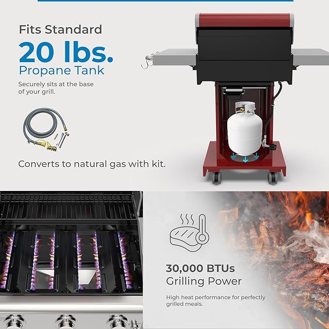 Kenmore 3-Burner Outdoor BBQ Grill | Liquid Propane Barbecue Gas Grill with Folding Sides, PG-A4030400LD-RD, Pedestal Grill with Wheels, 30000 BTU, Red