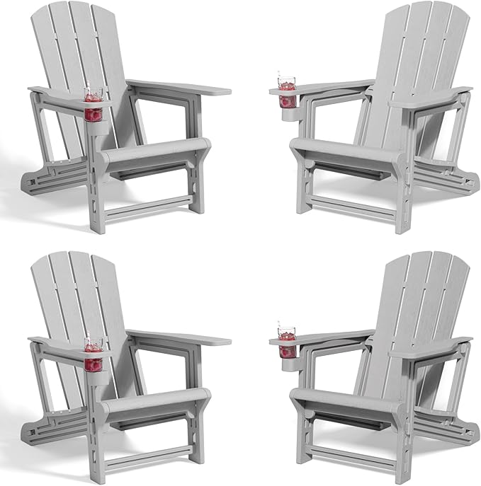 Adirondack Chair Set of 4, All Weather Plastic Adirondack Chairs, Fire Pit Chairs with Cup Holder, Outdoor Lawn Chair for Patio, Garden, Backyard, Grey