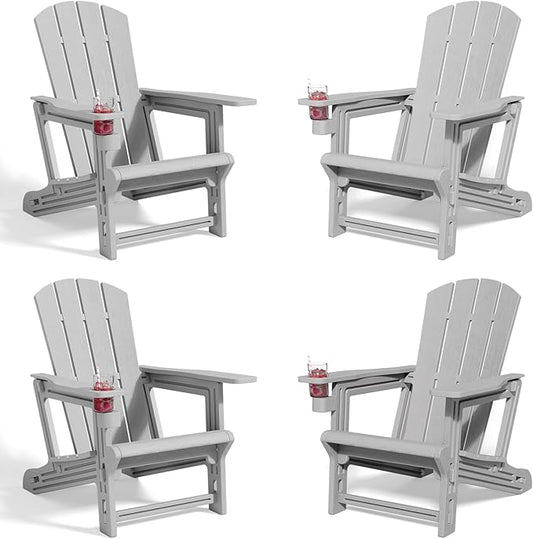 Adirondack Chair Set of 4, All Weather Plastic Adirondack Chairs, Fire Pit Chairs with Cup Holder, Outdoor Lawn Chair for Patio, Garden, Backyard, Grey