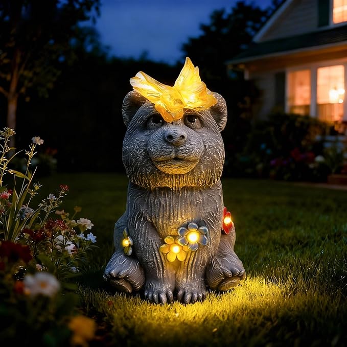Adorable Baby Bear Garden Statue with Solar Butterfly Light - Cute Bear Cub Figurine with Flower Accents - Outdoor Decor for Patio Lawn - Christmas Housewarming Birthday Gifts for Grandma Mom Women
