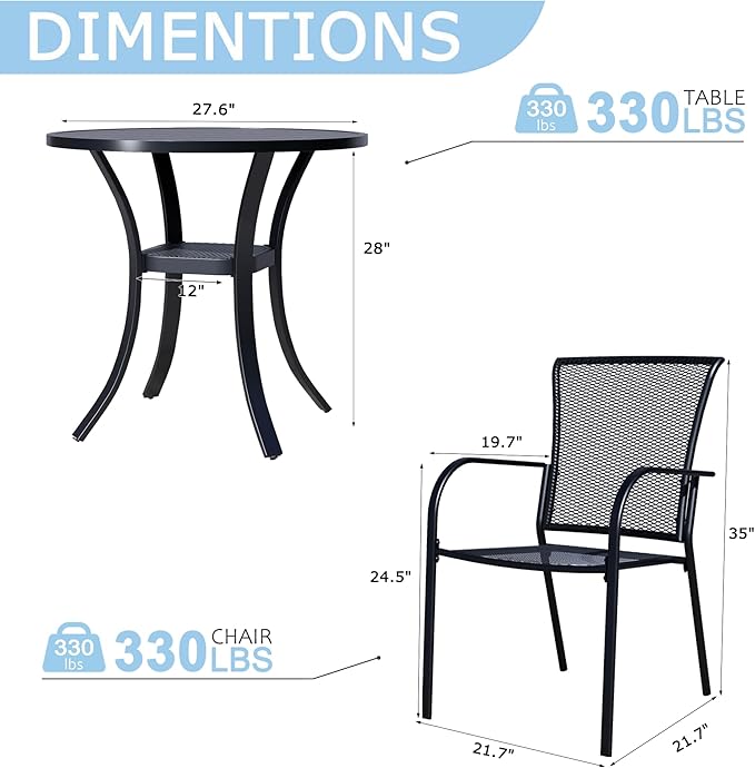 3 Piece Outdoor Dining Set, Patio Dining Set for 2, 27.6" Metal Round Table with 2 Black Metal Mesh Outdoor Dining Chairs with Armrest for Lawn, Garden, or Porch