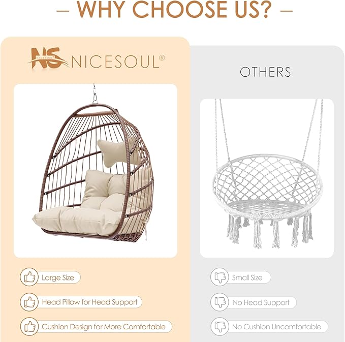 Nicesoul Outdoor Hanging Egg Chair Without Stand, Patio Wicker Swing Egg Basket Chairs with Padded Cushions, 350 Lbs Ceiling Tree Swinging Egg-Shaped Chair No Stand for Indoor Bedroom Porch, Brown