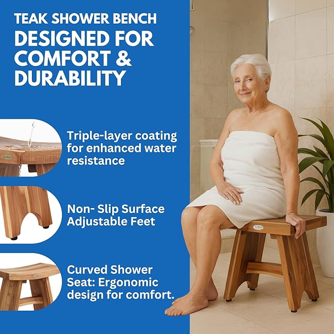 EcoDecors Teak Shower Bench 19", 300 lb Capacity – Waterproof Wood Bath Seat for Adults - Compact Spa Stool for Small Bathrooms & Walk-in Showers with Slip-Resistant Feet