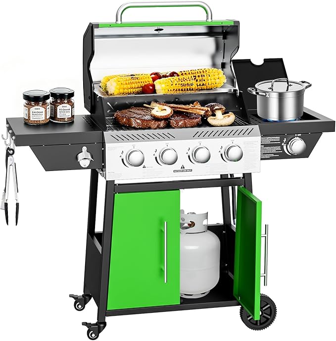4-Burner Propane Gas BBQ Grill with Side Burner, Stainless Steel Grates, 50,000 BTU Barbeque Gas Grill for Outdoor Cooking Kitchen and Patio Backyard, with Wheels and Storage, Green